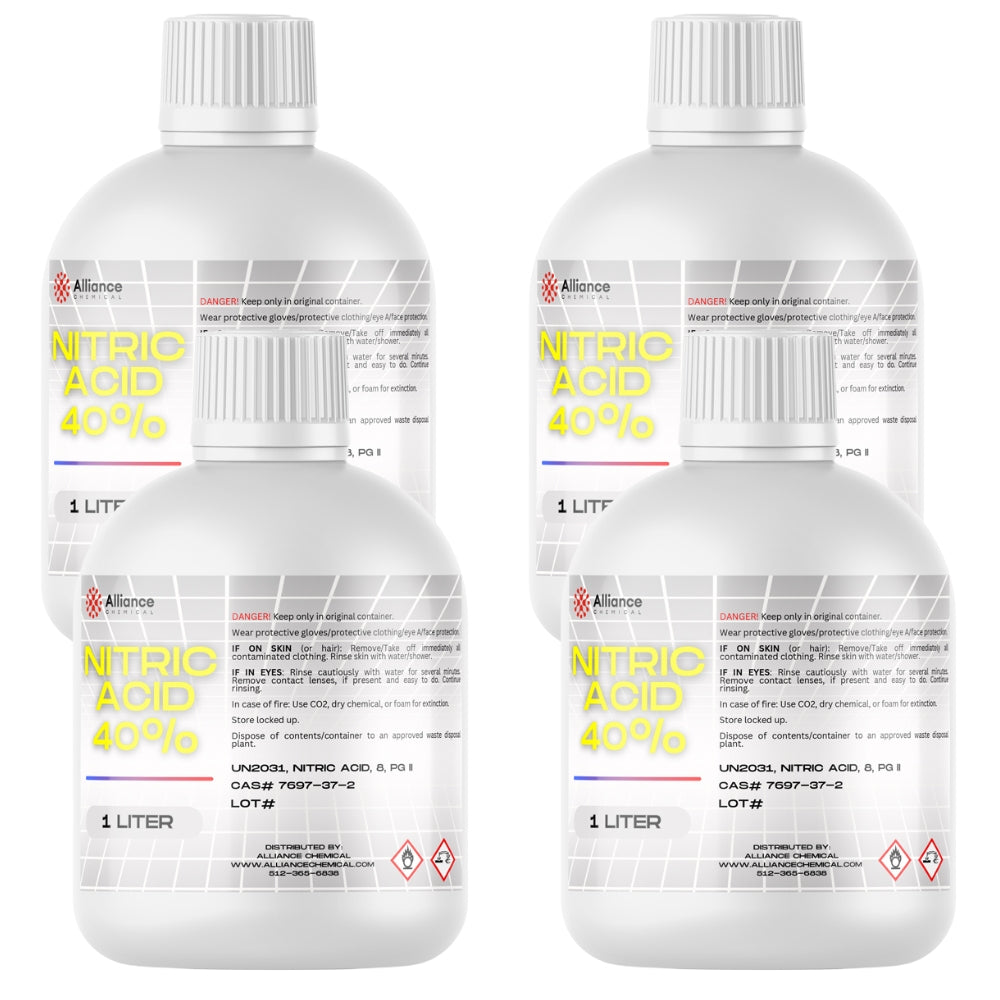 1-liter bottles of 40% Nitric Acid in white HDPE containers with safety warnings, UN2031 classification, and corrosive/oxidizer hazard symbols.